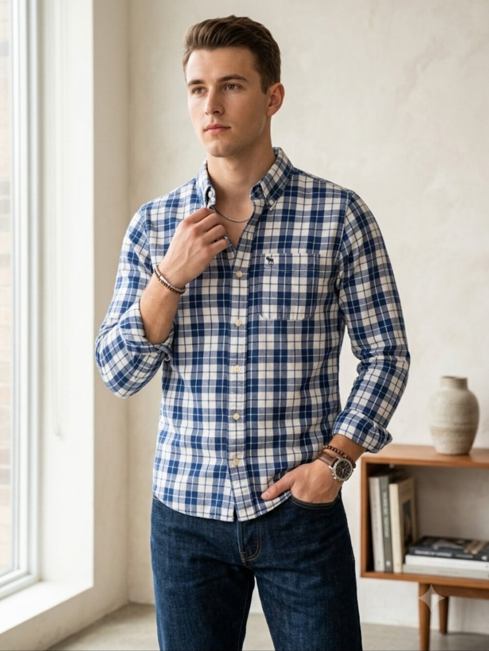 Abercrombie & Fitch New York Blue White Plaid 100% Cotton Long Sleeves Preppy